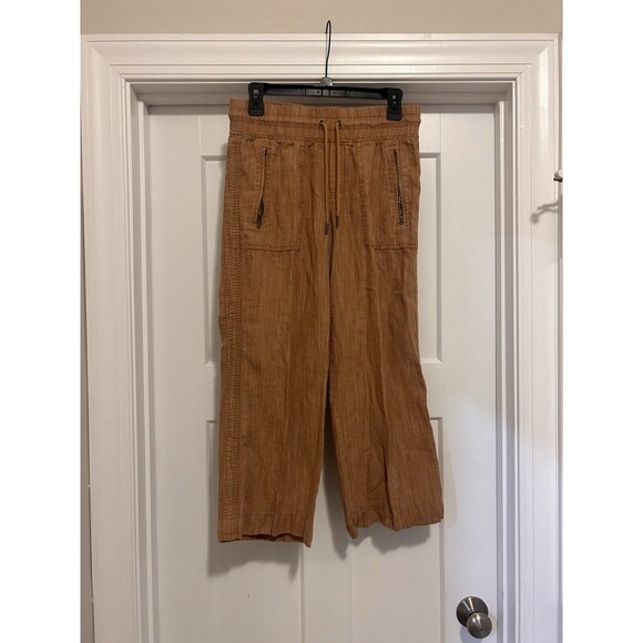 Athleta Linen Textured Wide Leg Cropped Pants Brown Tan Striped Women’s Size 6 - Picture 1 of 4